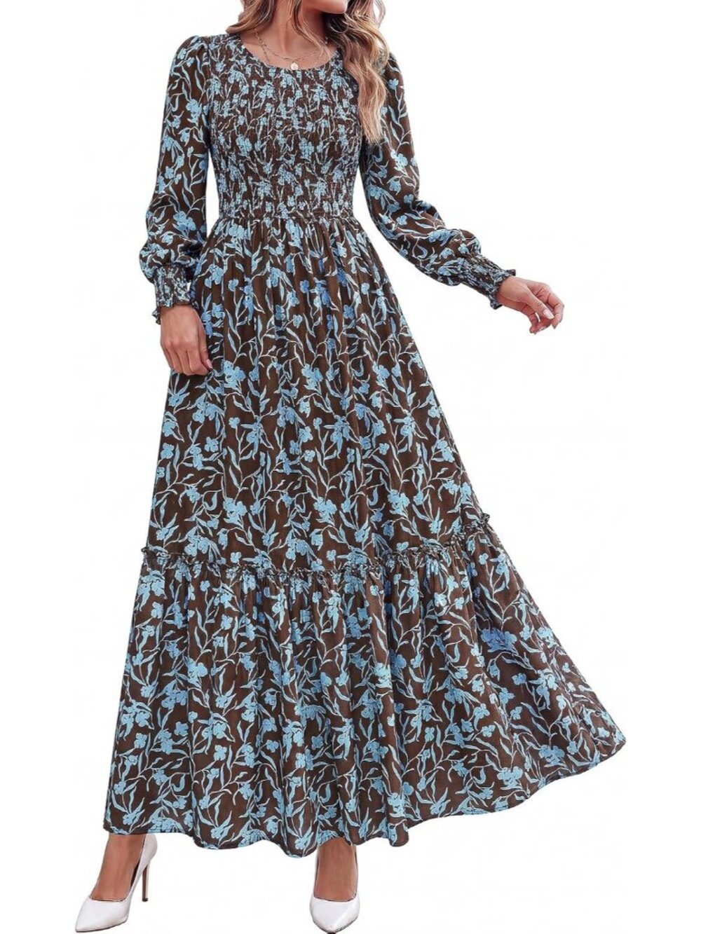 Women's Brown Light Blue Long Sleeve Floral Casual Fall Dresses with Pockets